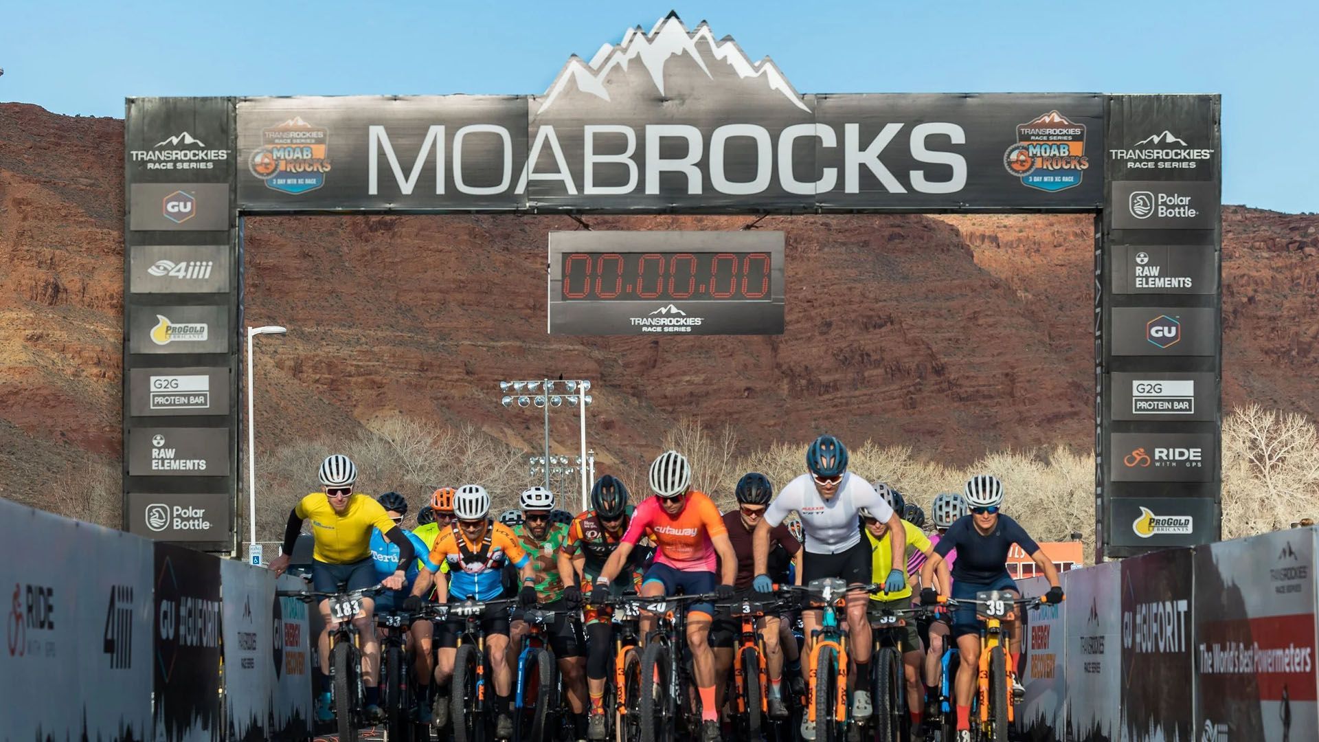 Mountain bikers starting a race at the Moab Rocks event in Moab, Utah.