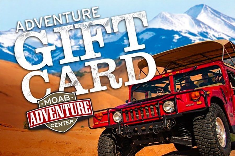 Gift card for Moab Adventure Center, with a red Hummer and mountain background.