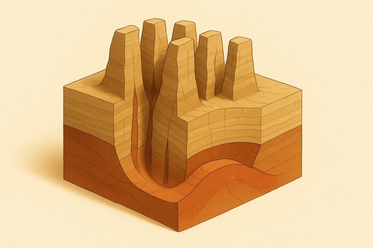 A cross-section illustration of a canyon with layered rock formations, in shades of brown and tan.