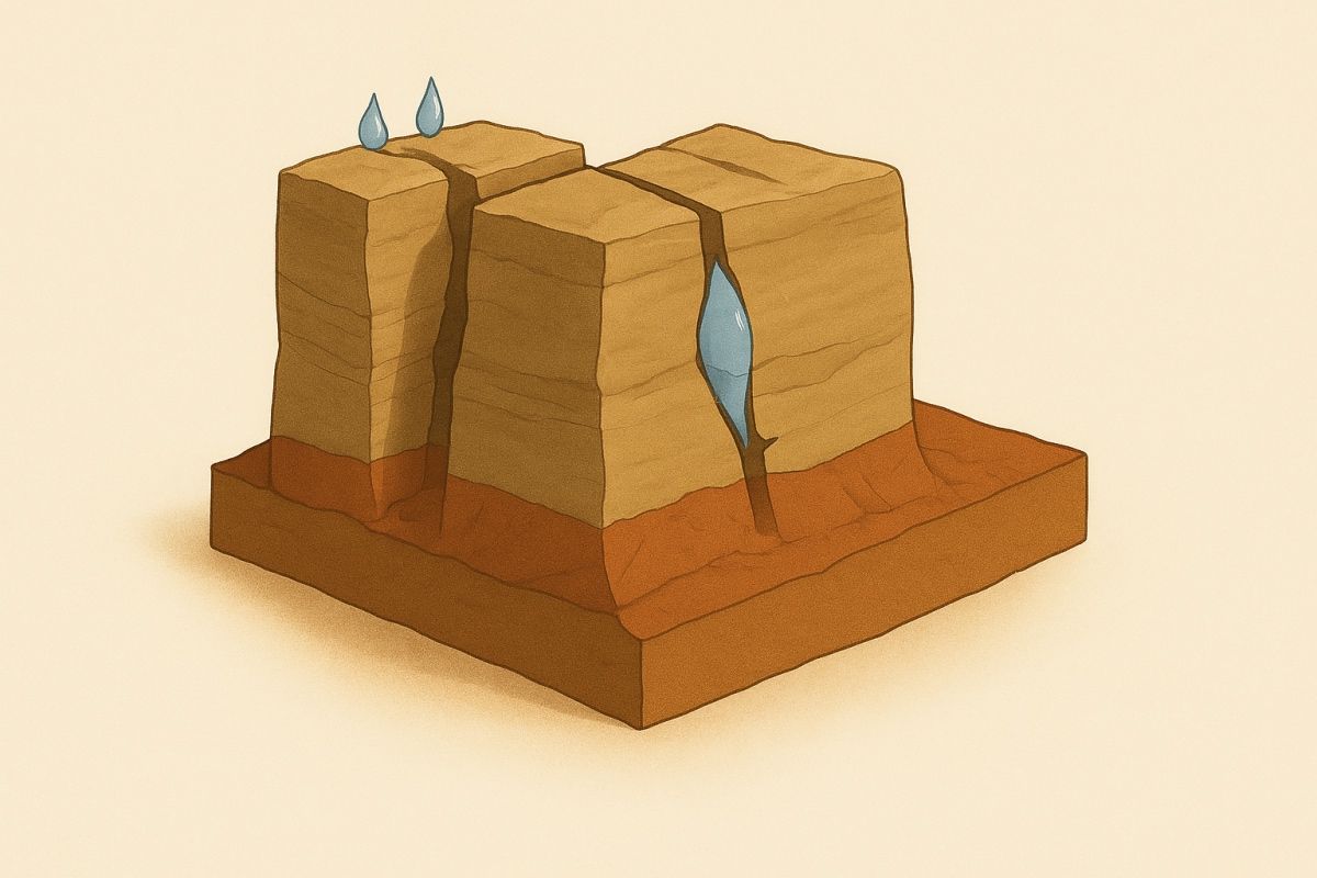 Illustration of a layered sandstone formation with vertical cracks, and water droplets.