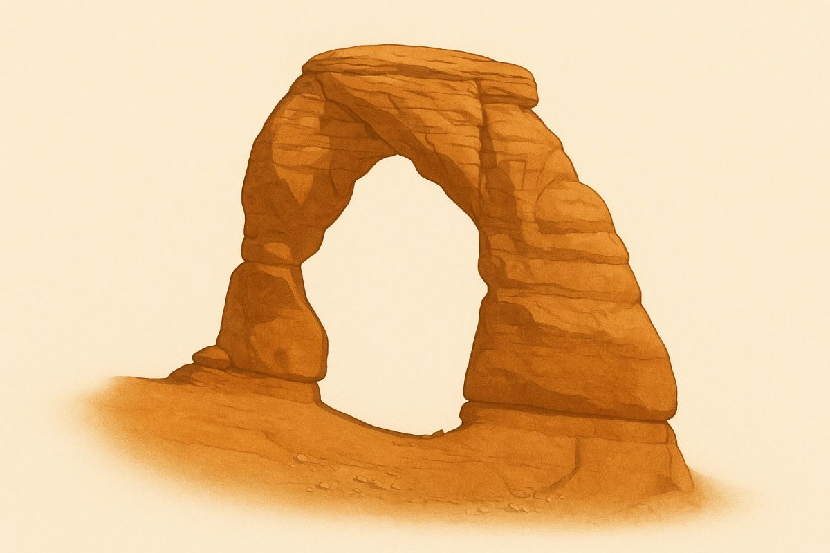 Arches National Park, Utah: Delicate Arch, sandstone formation with a large opening, against a pale backdrop.