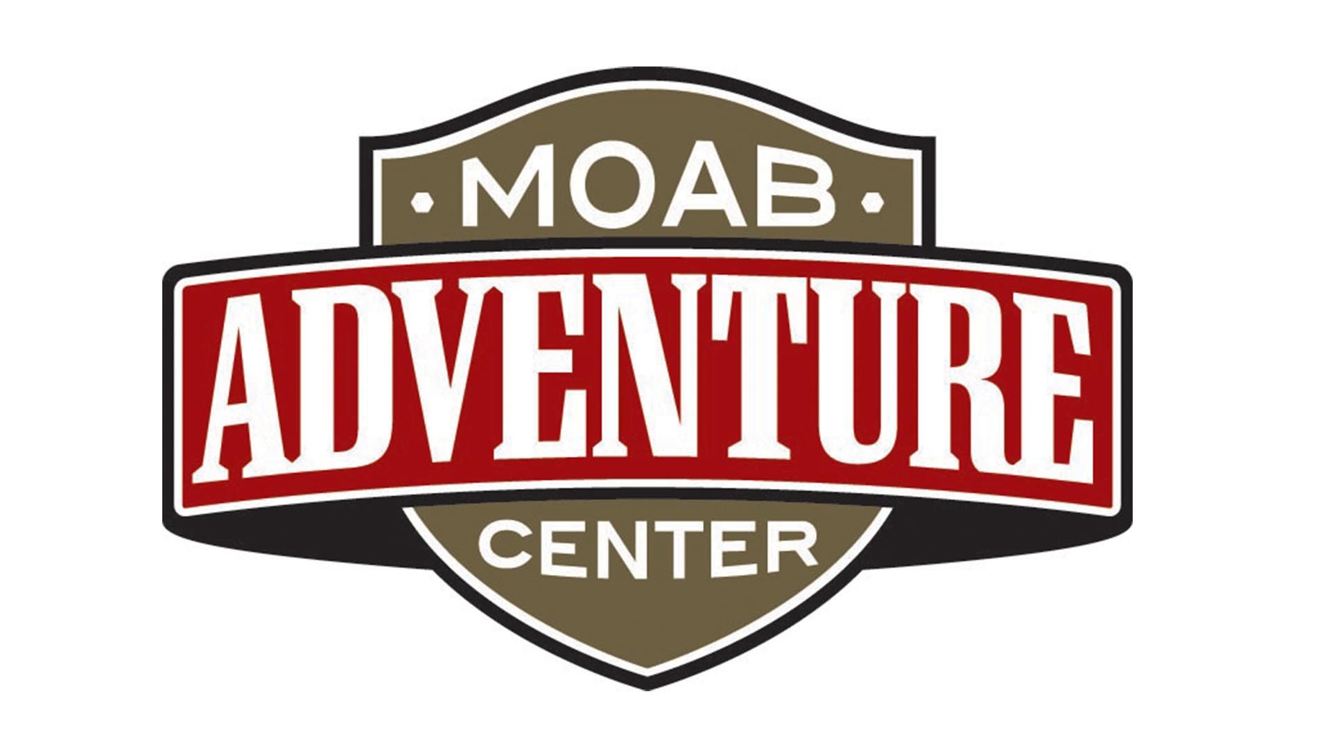 Moab Adventure Center logo: Red, black, and brown text on a badge-shaped background.