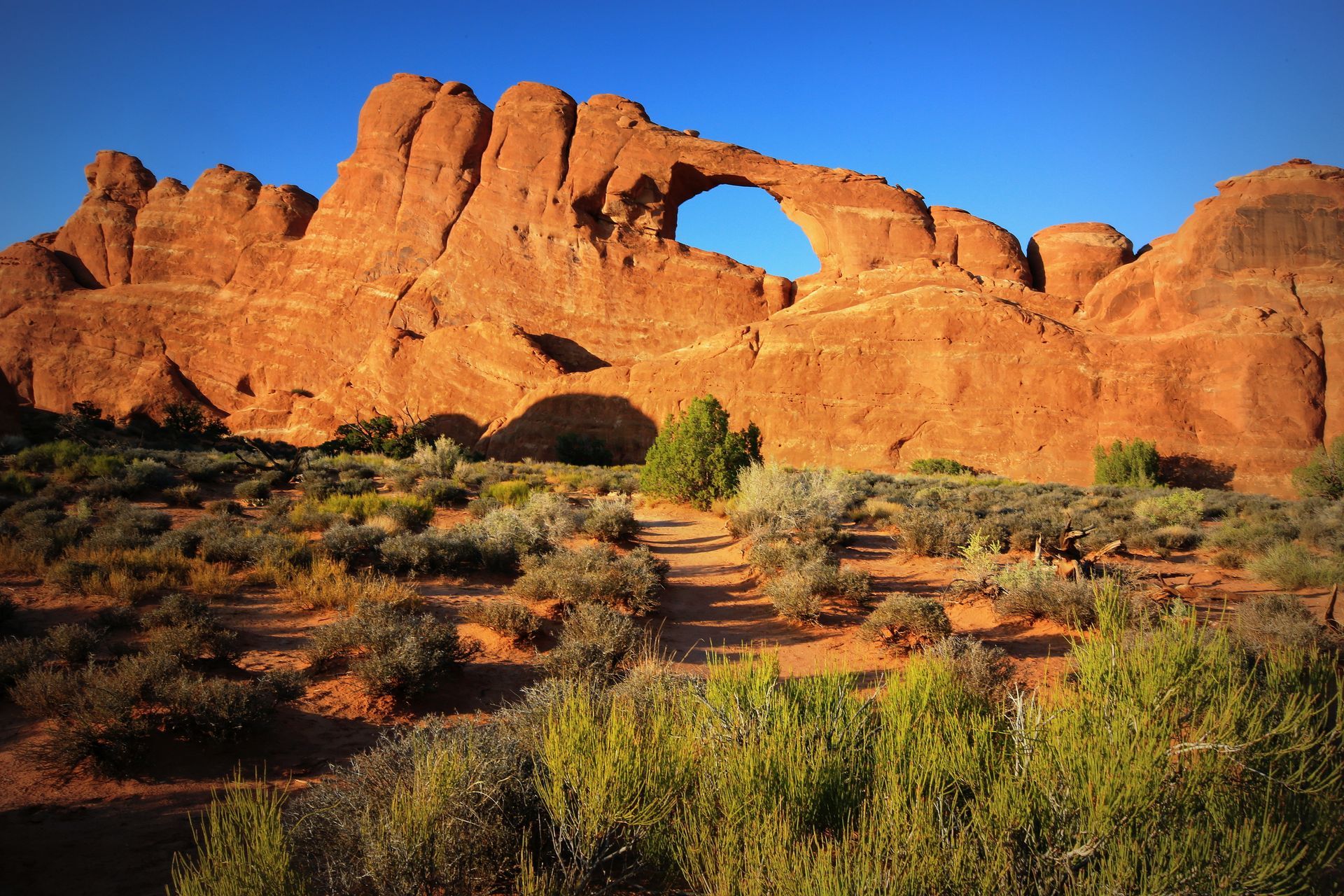 Red rock arch in desert landscape; blue sky.