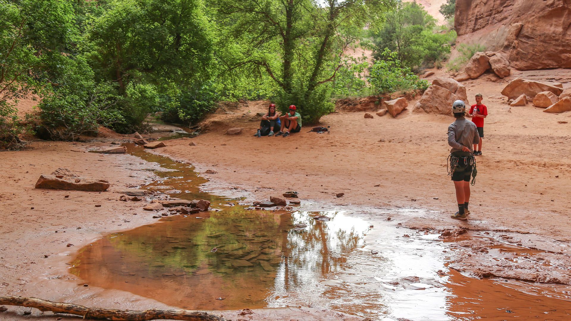 Spring water spans out across a shaded grotto under Morning Glory Arch.