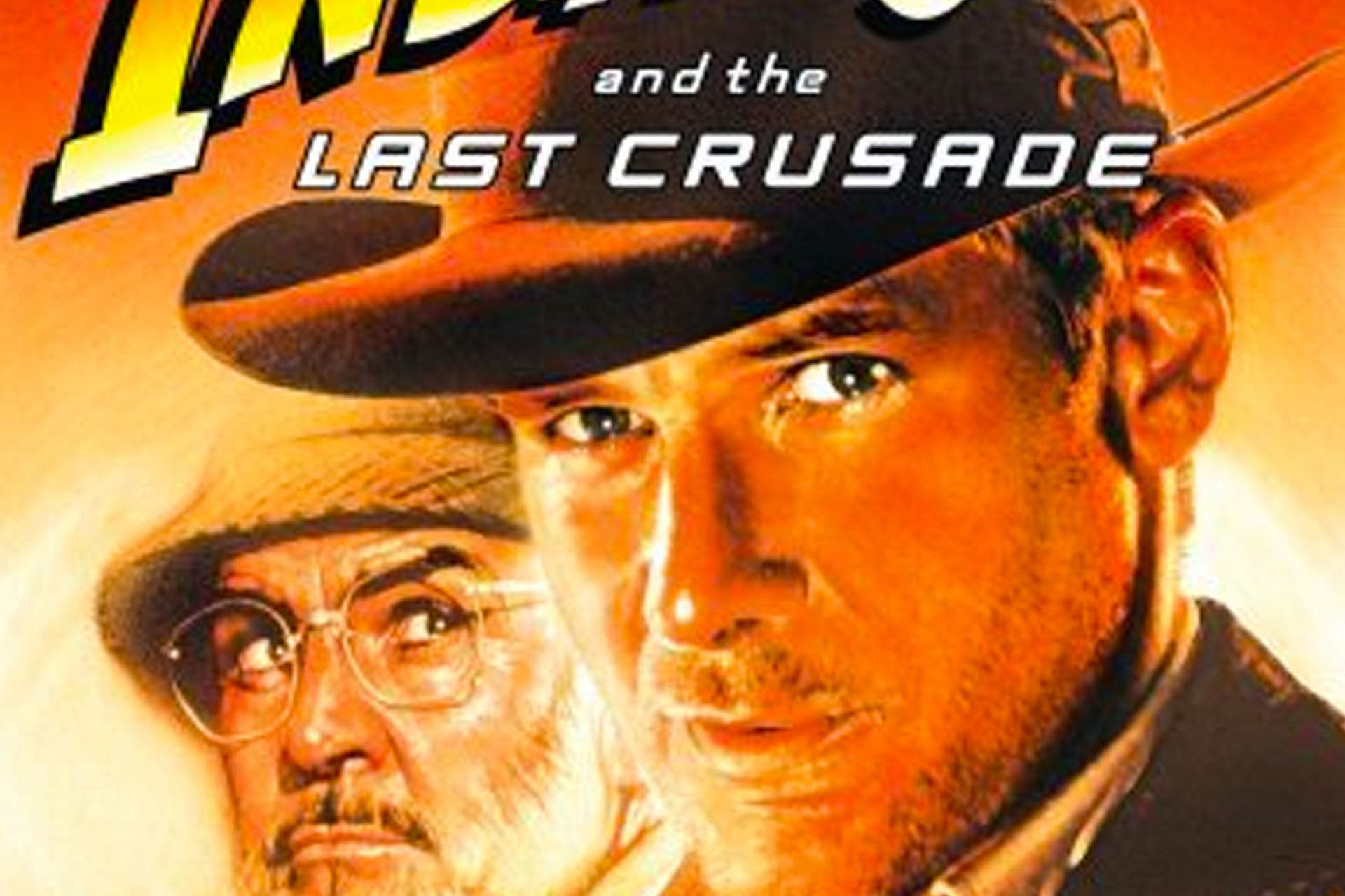 Indiana Jones and his father, Henry Jones Sr., on a movie poster, both wearing hats, warm tones.