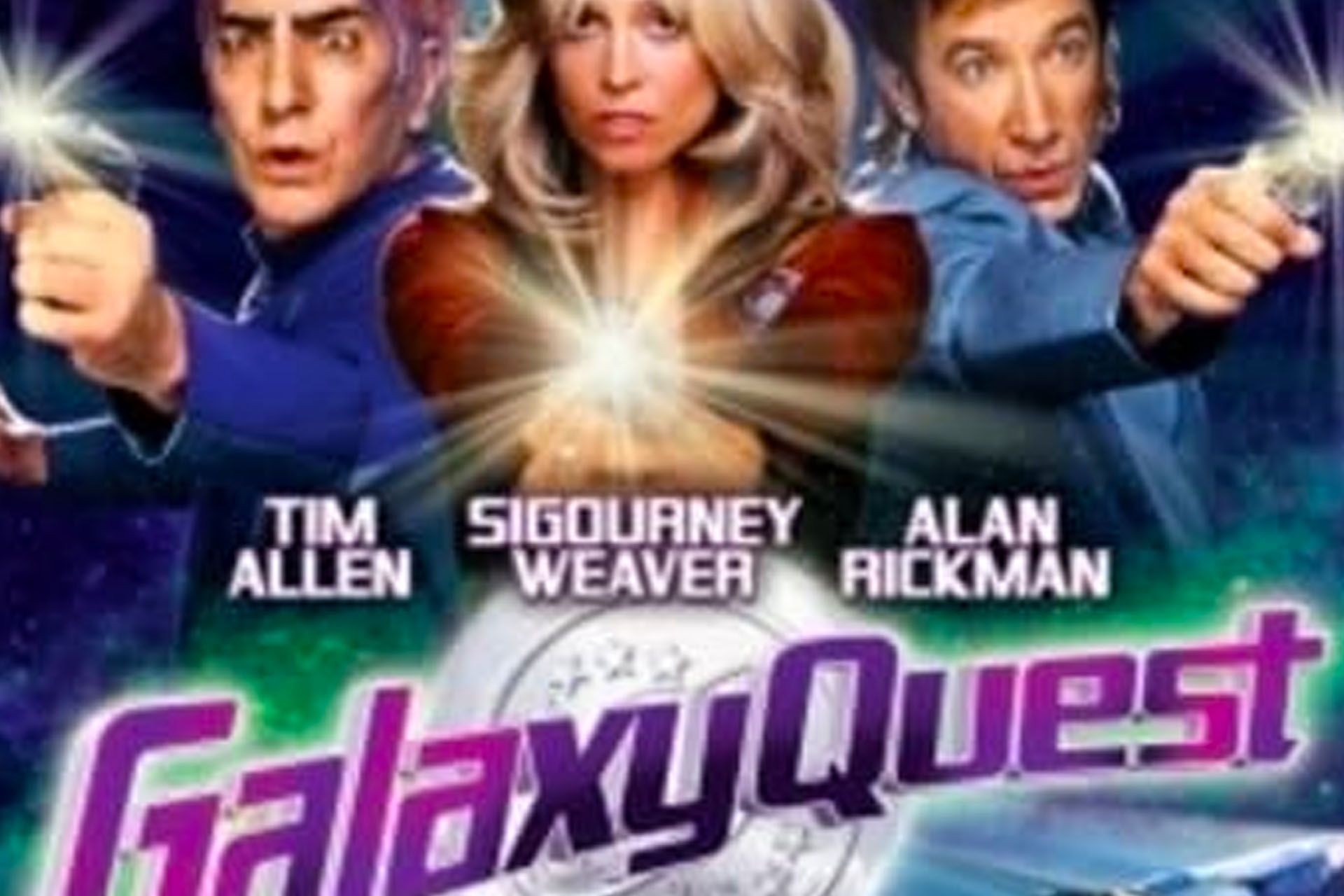 Movie poster for Galaxy Quest, featuring Tim Allen, Sigourney Weaver, and Alan Rickman, with a spaceship in the background.