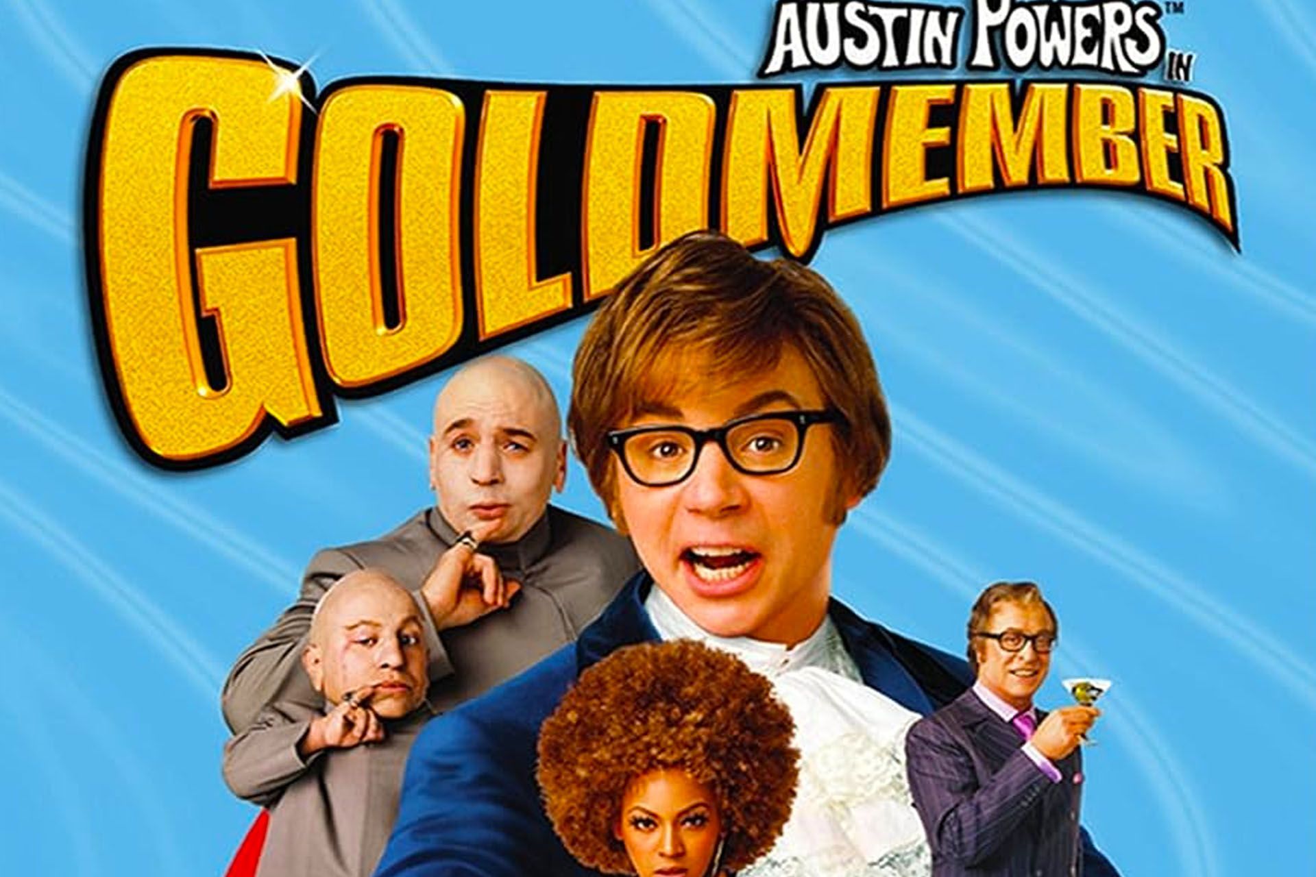 Movie poster for Austin Powers in Goldmember featuring Austin, Dr. Evil, Goldmember, and other characters.