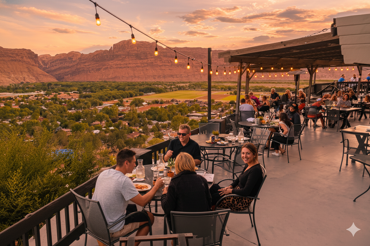 Patrons dine outdoors at Moab's Sunset Grill overlooking a town and mountains at dusk.