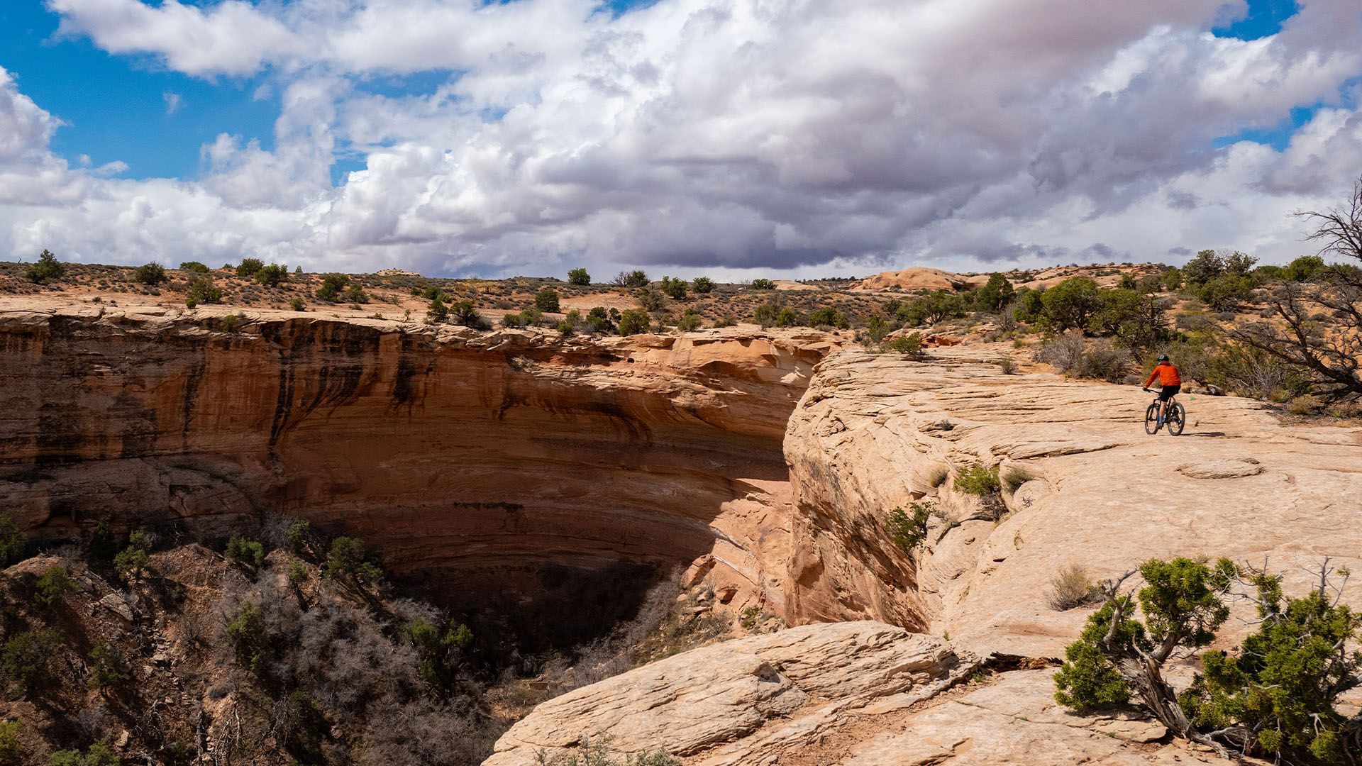 Mountain biker on edge of desert canyon under cloudy sky.