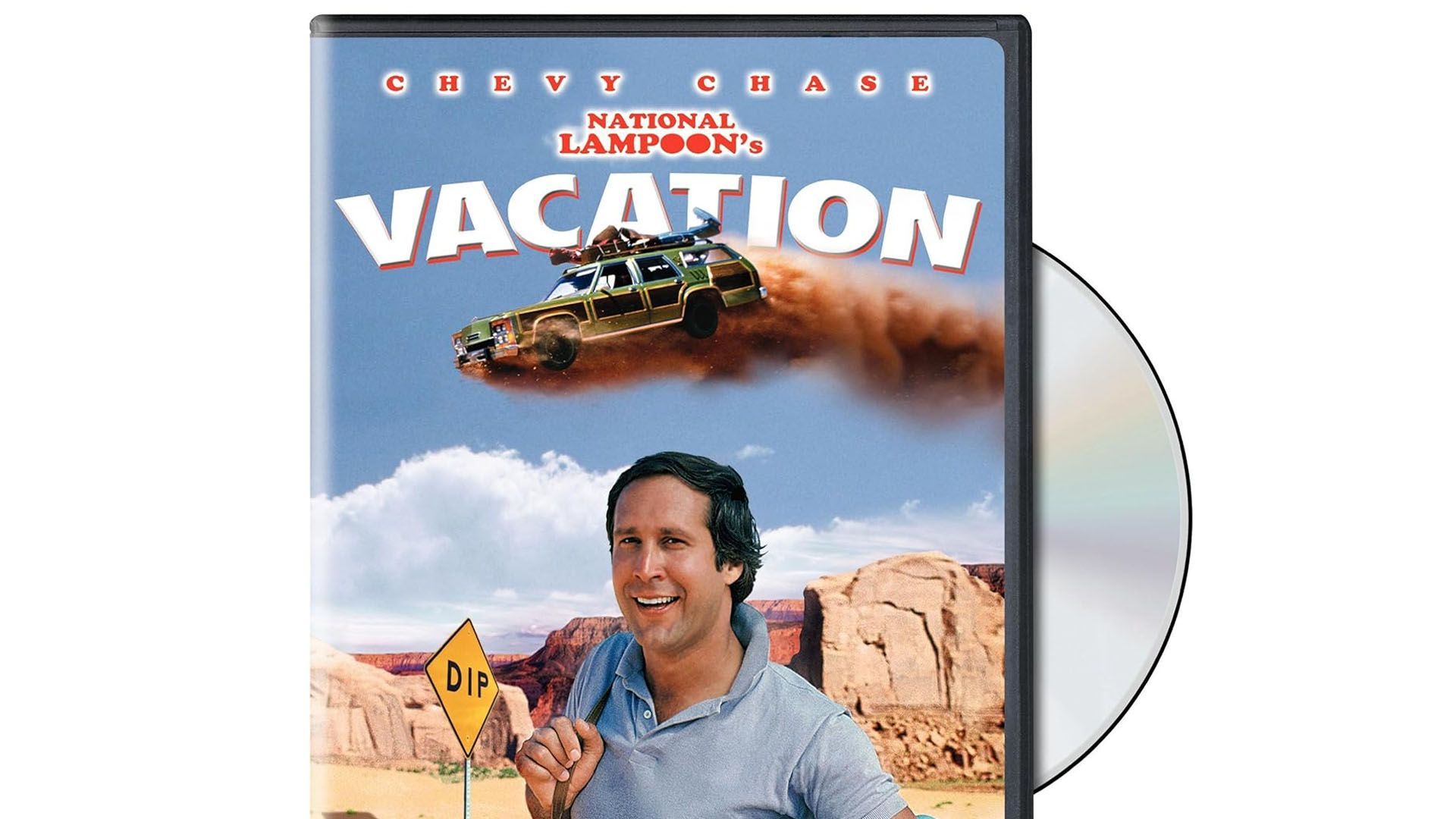 DVD cover for National Lampoon's Vacation: Chevy Chase smiles, car kicks up dust in desert.