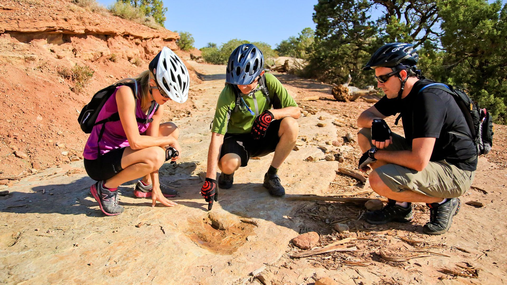 A mountain bike guides shows riders a dinosaur track imprinted into the sandstone area where they are riding.