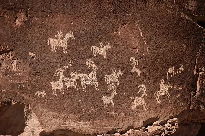 Petroglyphs on a rock wall show several big horn sheep.