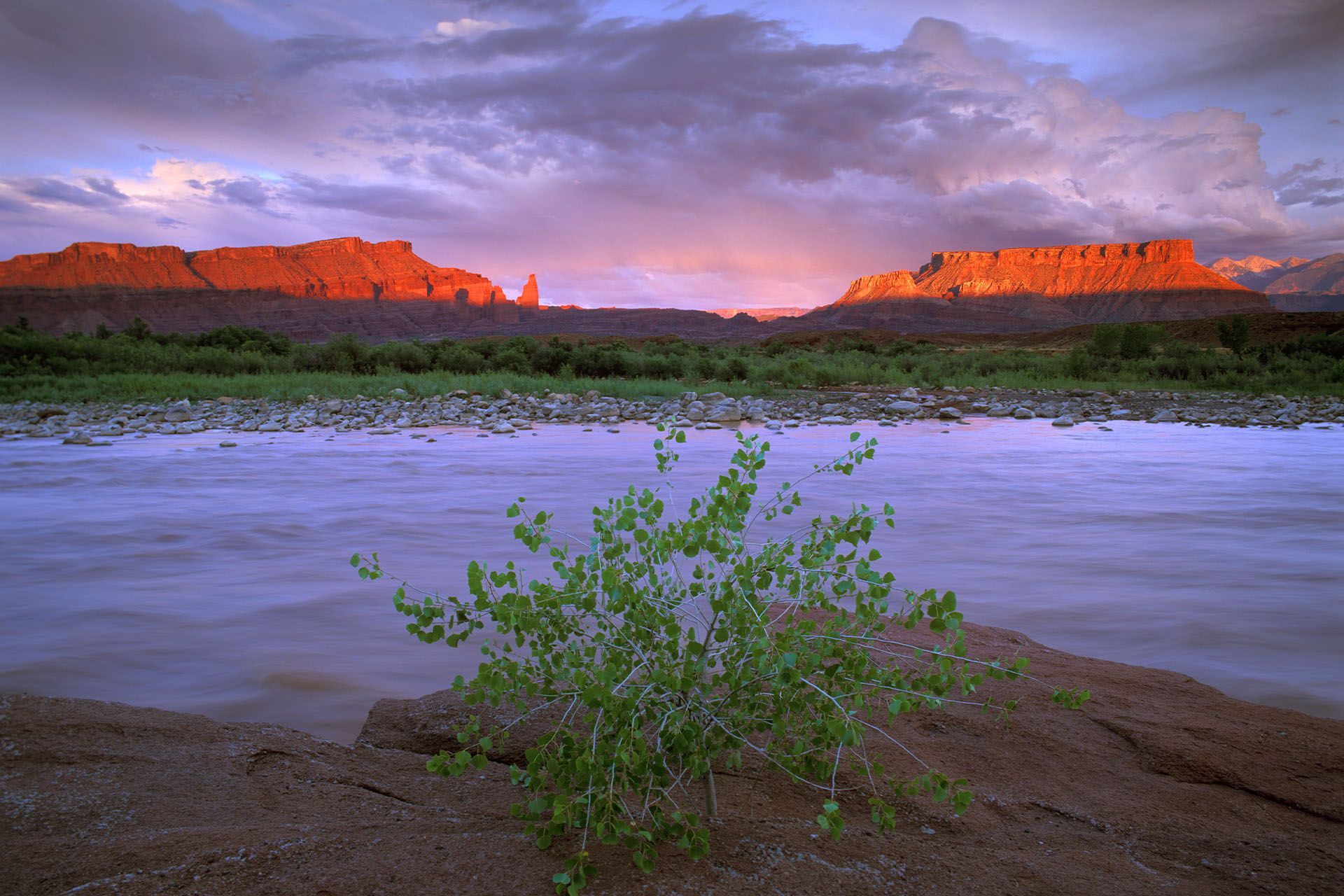 Stunning view from riverside camp overlooking Fisher Towers and cliffs ablaze with orange from sunset.