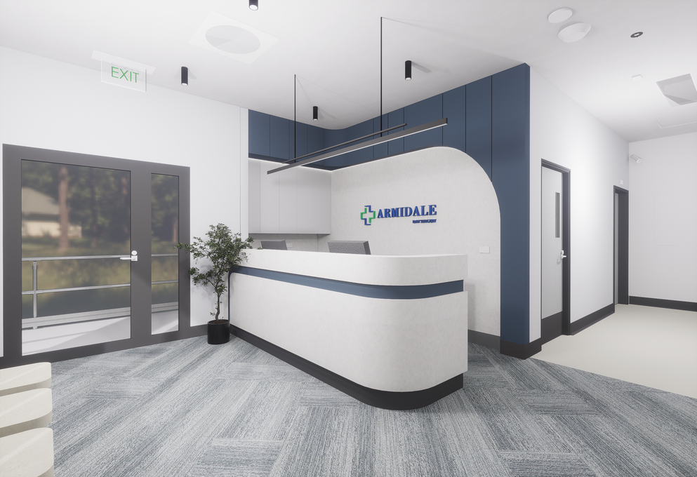 An artist 's impression of a medical office with a reception desk.