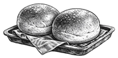 Two round bread rolls on a tray with a cloth napkin