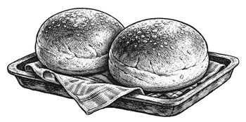 Two round bread rolls on a tray with a cloth napkin