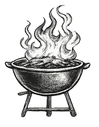 A black cauldron on a stand with flames rising from it
