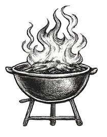 A black cauldron on a stand with flames rising from it
