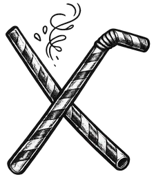 Two crossed black hockey sticks with a small motion swirl above them