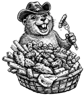 Cartoon groundhog in a hat holding a fork, emerging from a basket of groundhog-day treats
