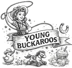 Vintage black-and-white cowboy illustration with “YOUNG BUCKAROOS” banner and rodeo motifs