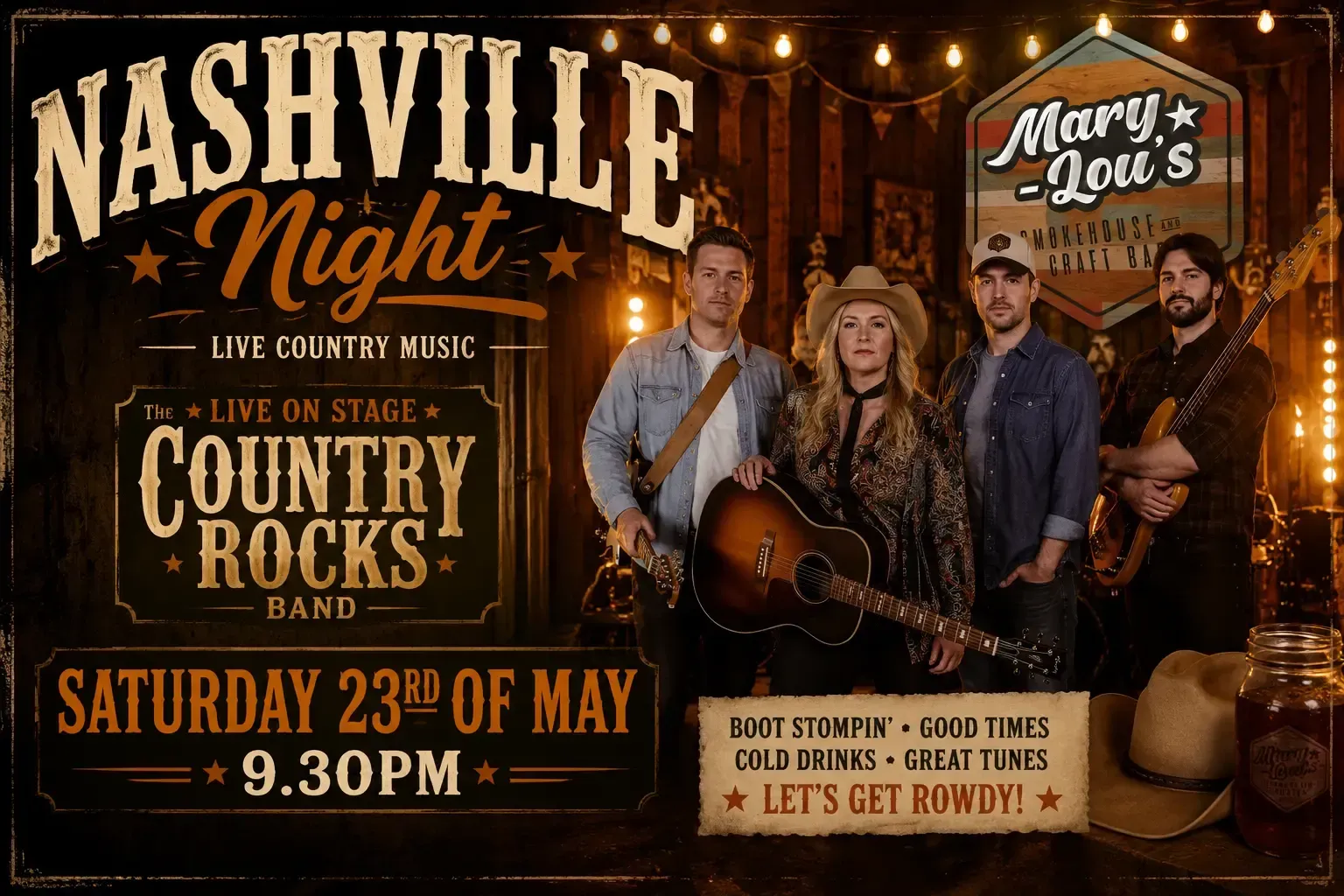 Nashville Night country-rocks poster with four musicians, guitars, and live music event details in warm orange tones