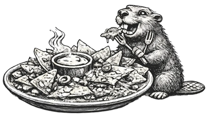 Black-and-white illustration of a beaver eating nachos beside a steaming dip bowl