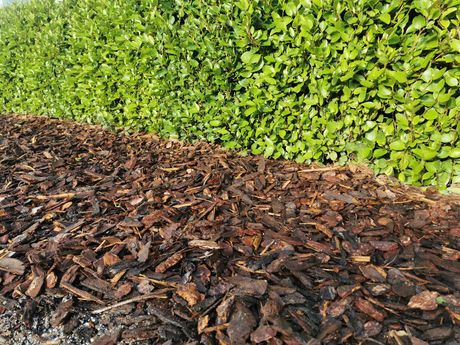 a pile of wood chips is sitting in front of a hedge .