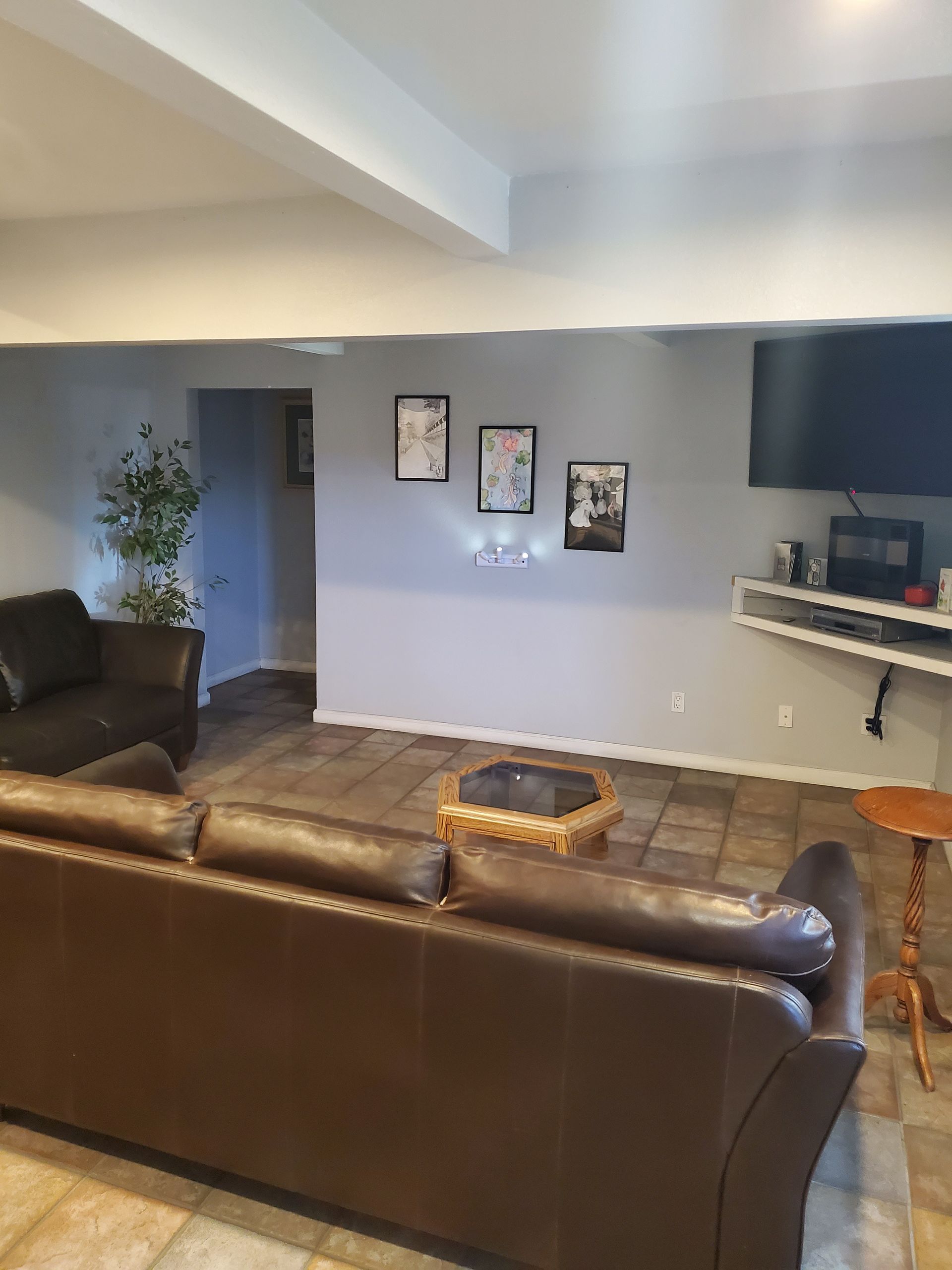Living room: brown leather couches, gray walls with framed art and TV, tiled floor, and plant. | Hal's Auto Care