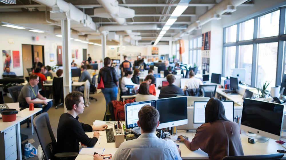Escritório em plano aberto com pessoas trabalhando em mesas, algumas caminhando; espaço iluminado, luz natural.