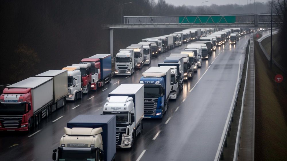Uma longa fila de caminhões em uma rodovia molhada.