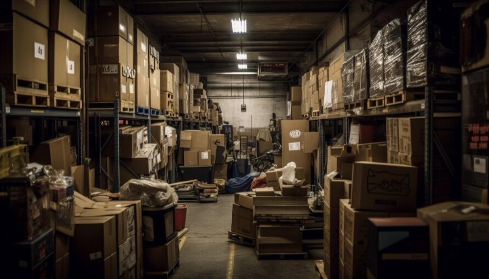 Corredor de armazém repleto de caixas de papelão empilhadas em prateleiras, iluminação fraca.