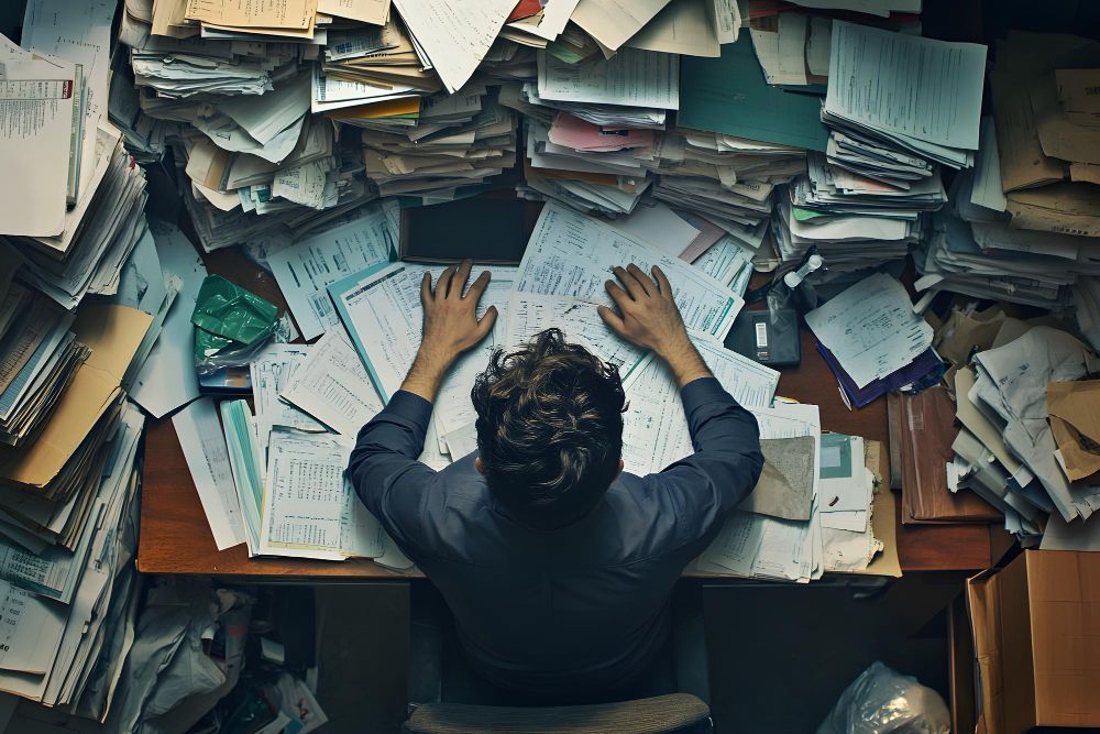 Pessoa sobrecarregada por papéis em sua mesa. Pilha de papéis; braços estendidos.
