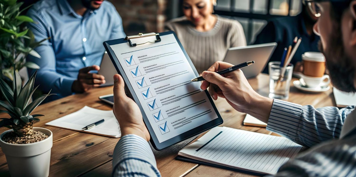 Uma pessoa marca uma lista de verificação em uma prancheta durante uma reunião, com outras pessoas em segundo plano.