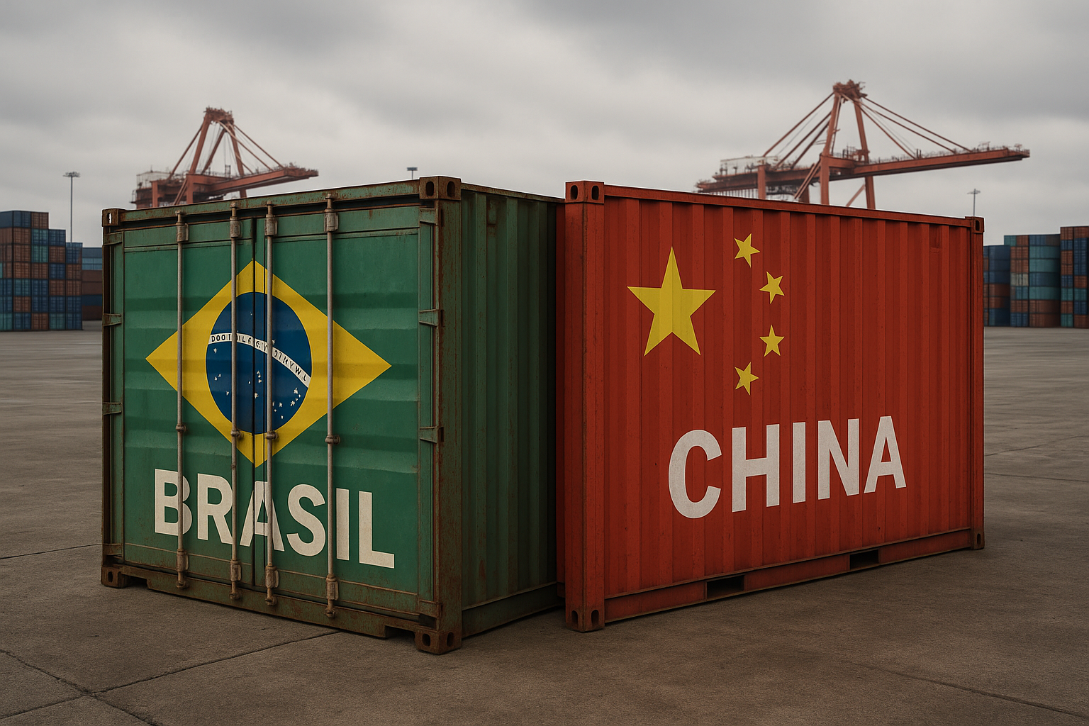 Contêineres: Brasil (verde) e China (vermelho) em um porto, destacando as relações comerciais.