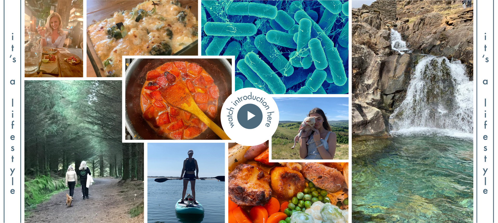 A collage of images including a lady standing on a paddleboard, a waterfall, food , and bacteria