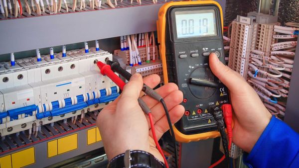 A person is using a multimeter to test a circuit board.