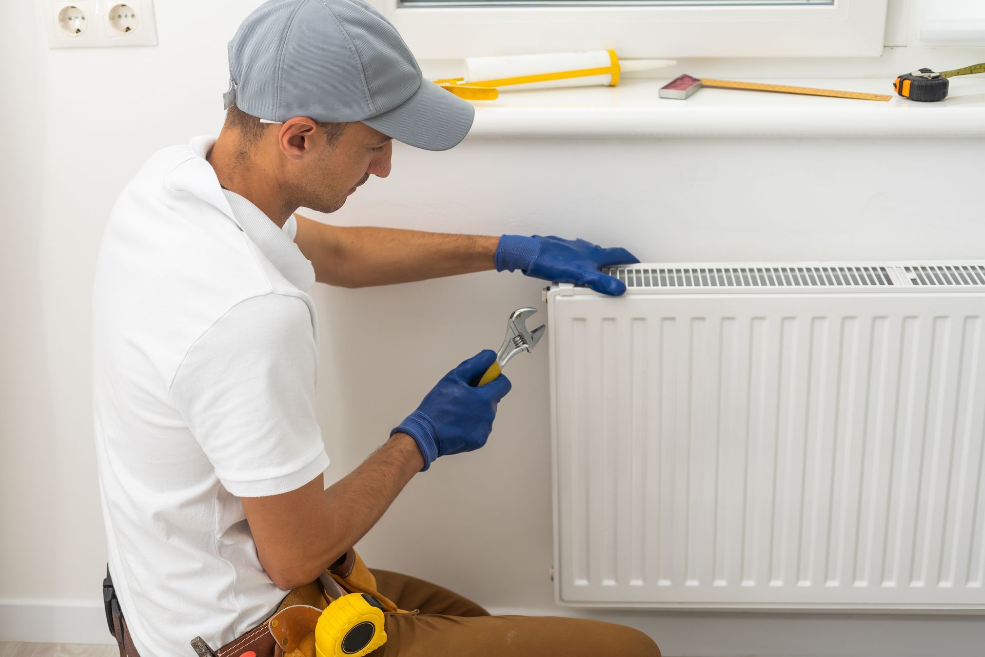 Repair man replacing heating unit