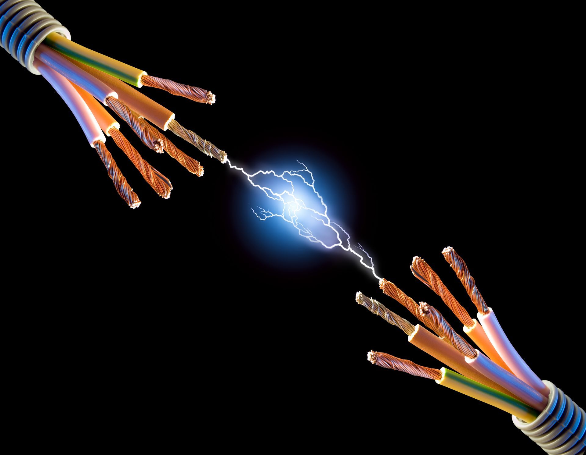 Two electrical wires are connected to each other with lightning coming out of them