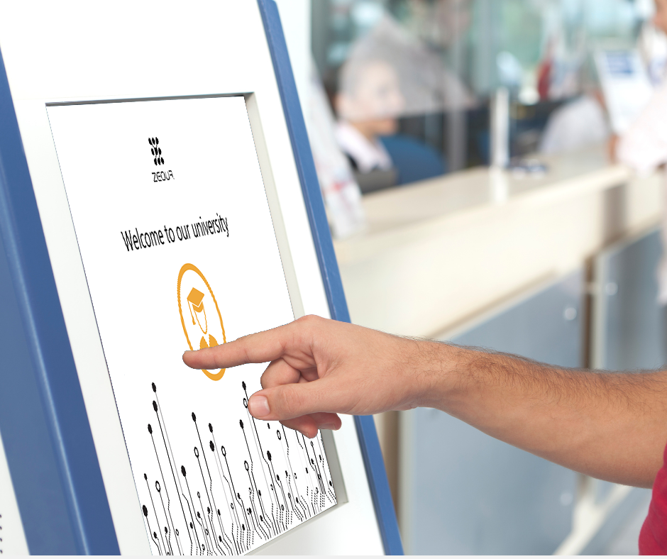 Customers Checking in with Queue Management System Kiosk Customers Checking in with Queue Management System Kiosk