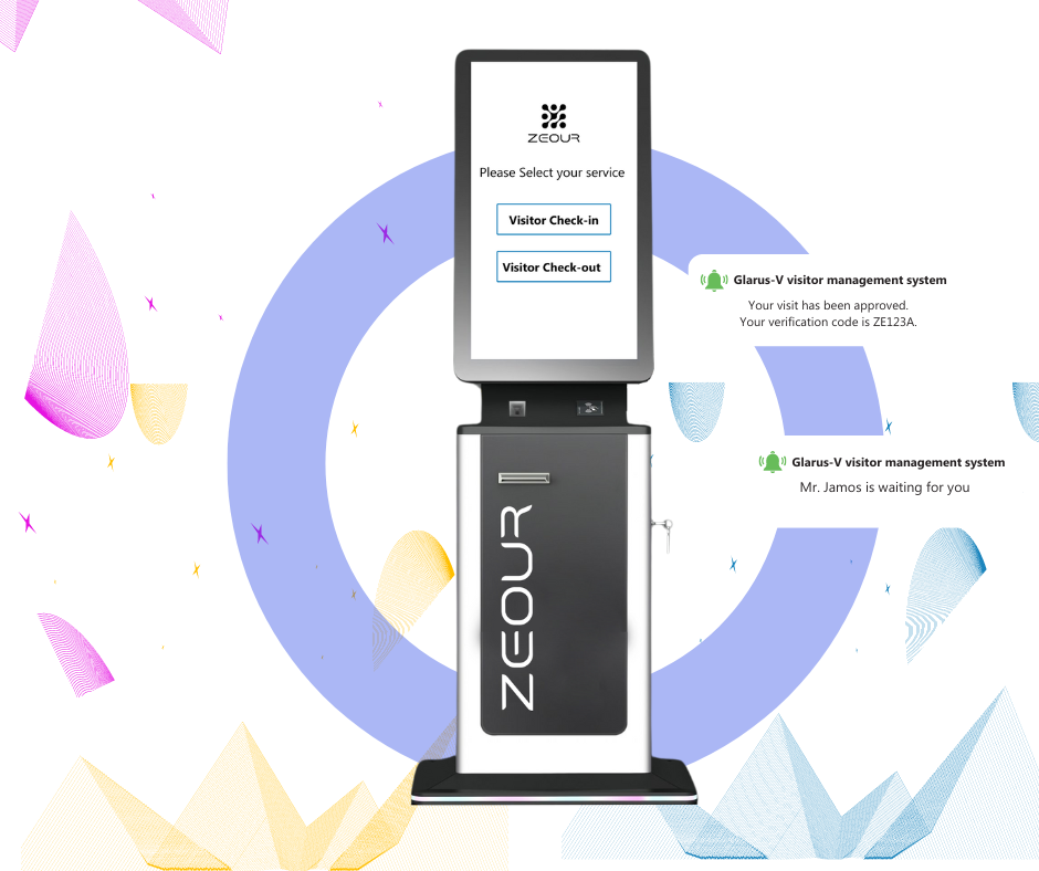 A kiosk with a screen that shows zeour visitor management system