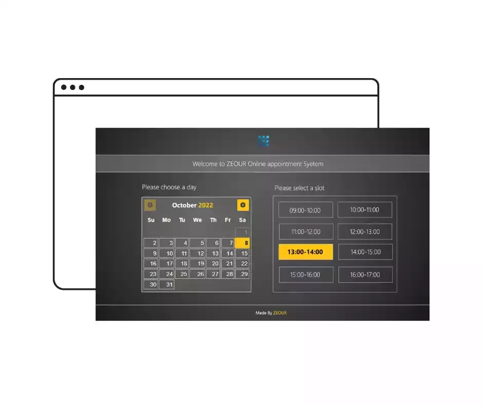 A computer screen with a calendar for zeour online appointment system 