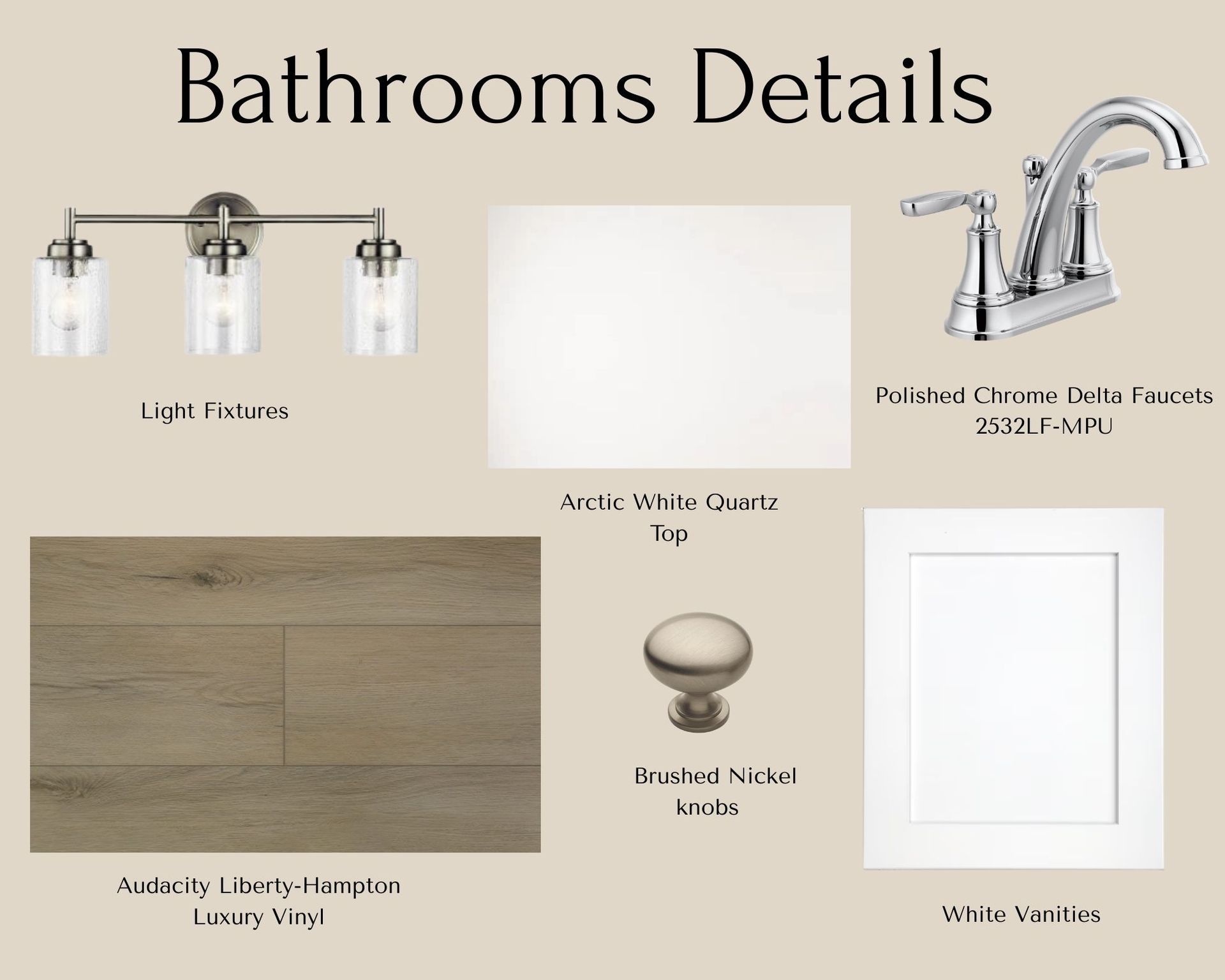 Bathroom details: light fixture, white countertop, faucet, flooring, knob, white cabinet.