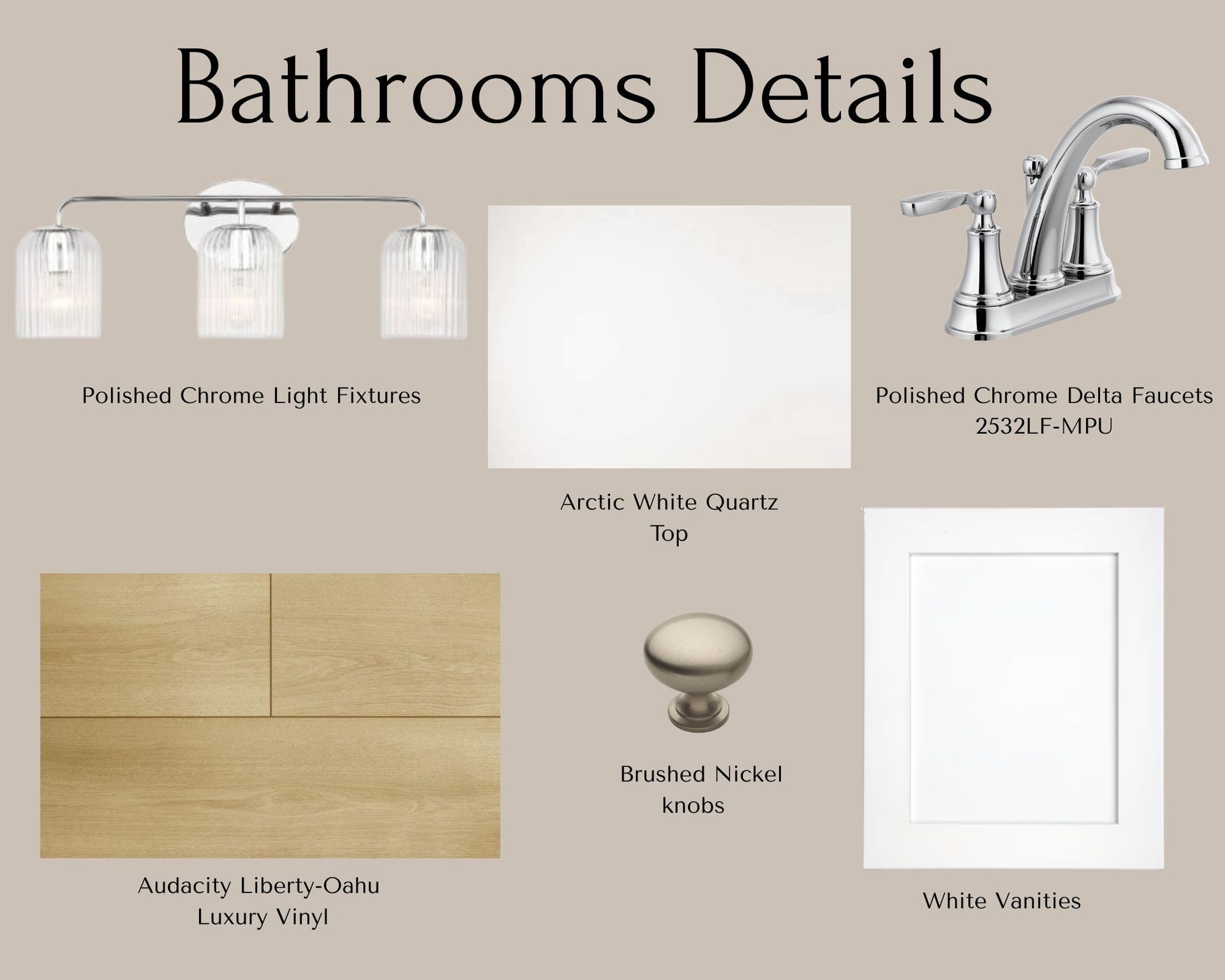 Bathroom details: lighting fixture, Arctic White Quartz top, faucet, flooring, knob, and white cabinet.