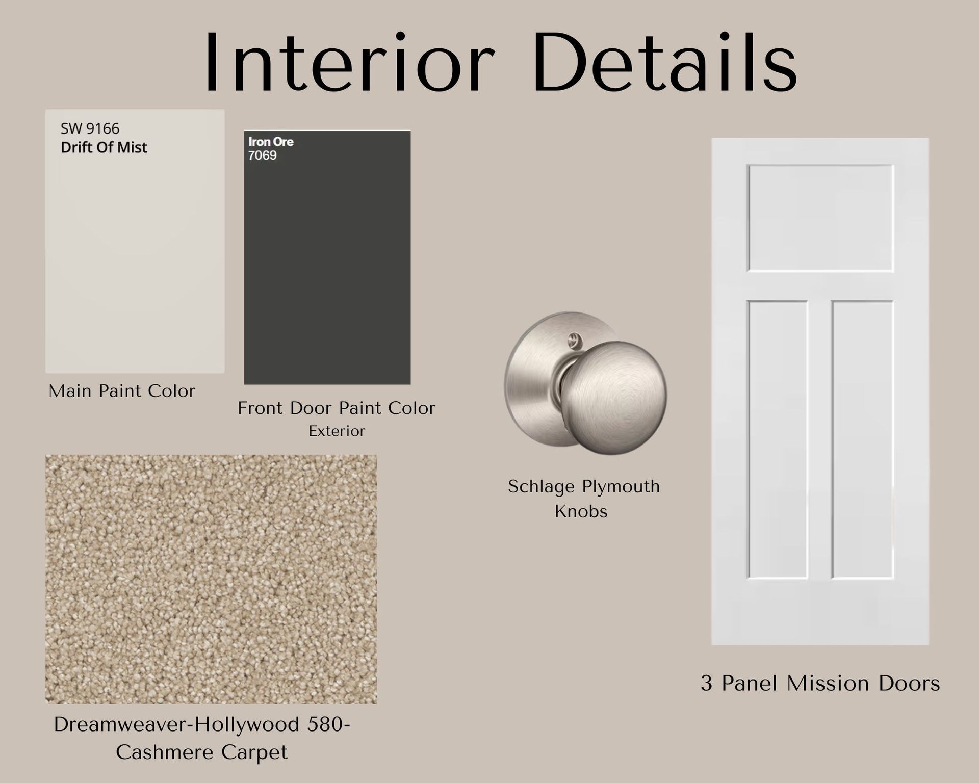 Interior design details: paint swatches (beige, dark gray), doorknob, carpet, 3-panel door.