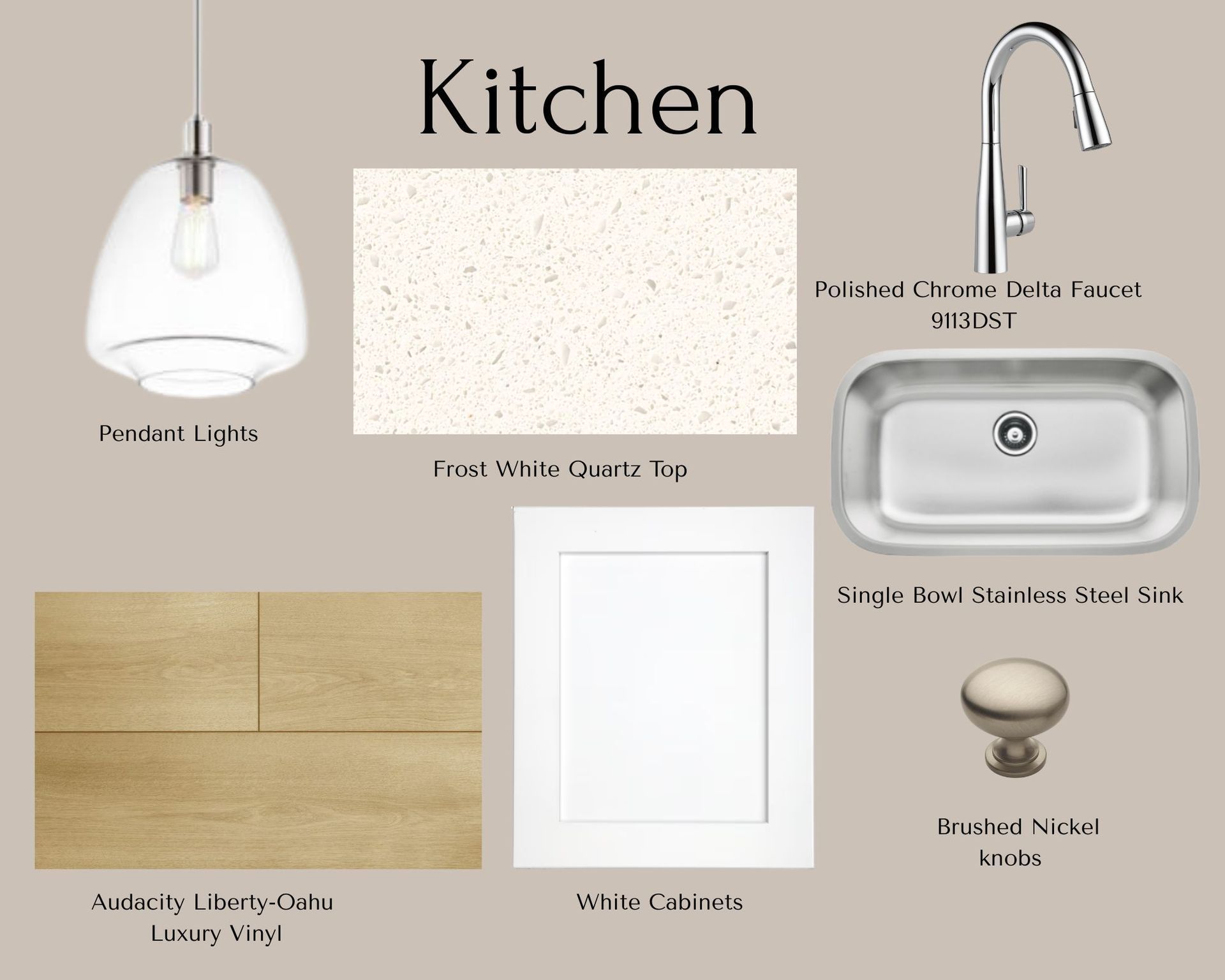 Kitchen design concept: pendant light, quartz countertop, faucet, sink, cabinets, flooring, and hardware.