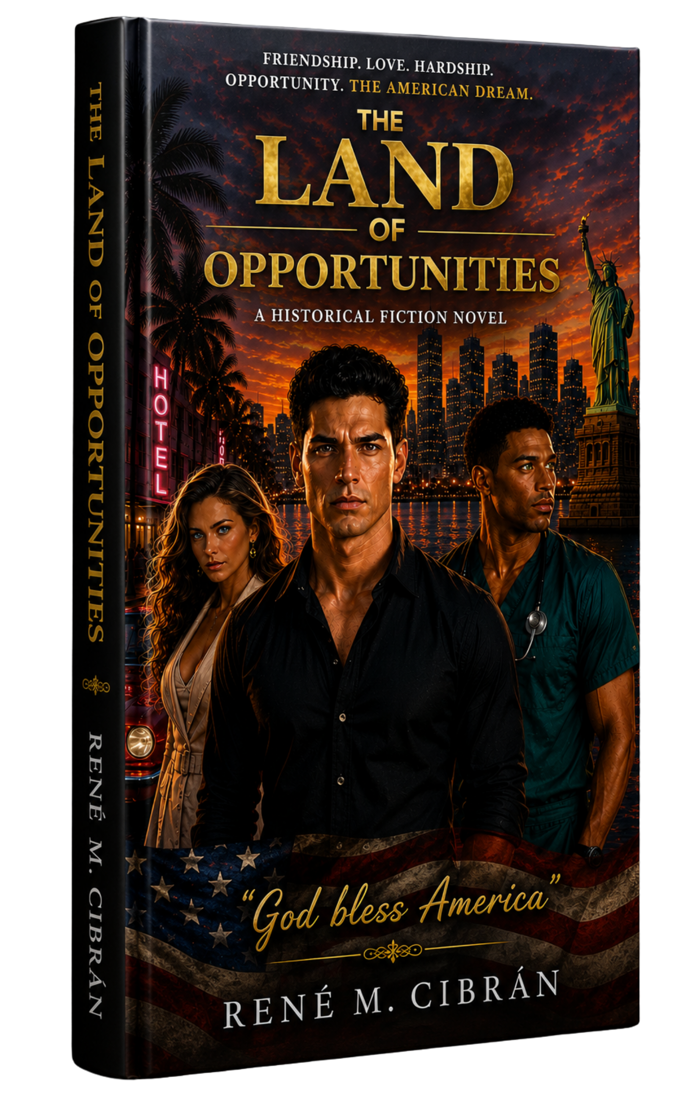 Book cover for “The Land of Opportunities” with three figures against a dramatic orange skyline.