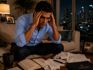 Man sitting on couch, holding his head over scattered papers and an open book, looking stressed at night.