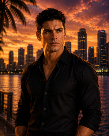 Man in a black shirt standing before a city skyline at sunset, with orange clouds reflected on the water.