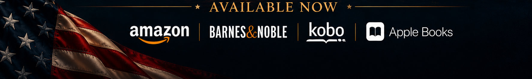 Amazon banner with U.S. flag, “Available now,” and eBook logos for Kindle, Kobo, and Apple Books